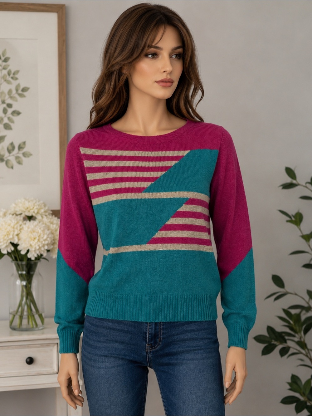 Colorful Geometric Striped Knit Sweater Pullover Size S Stretchy Statement Top